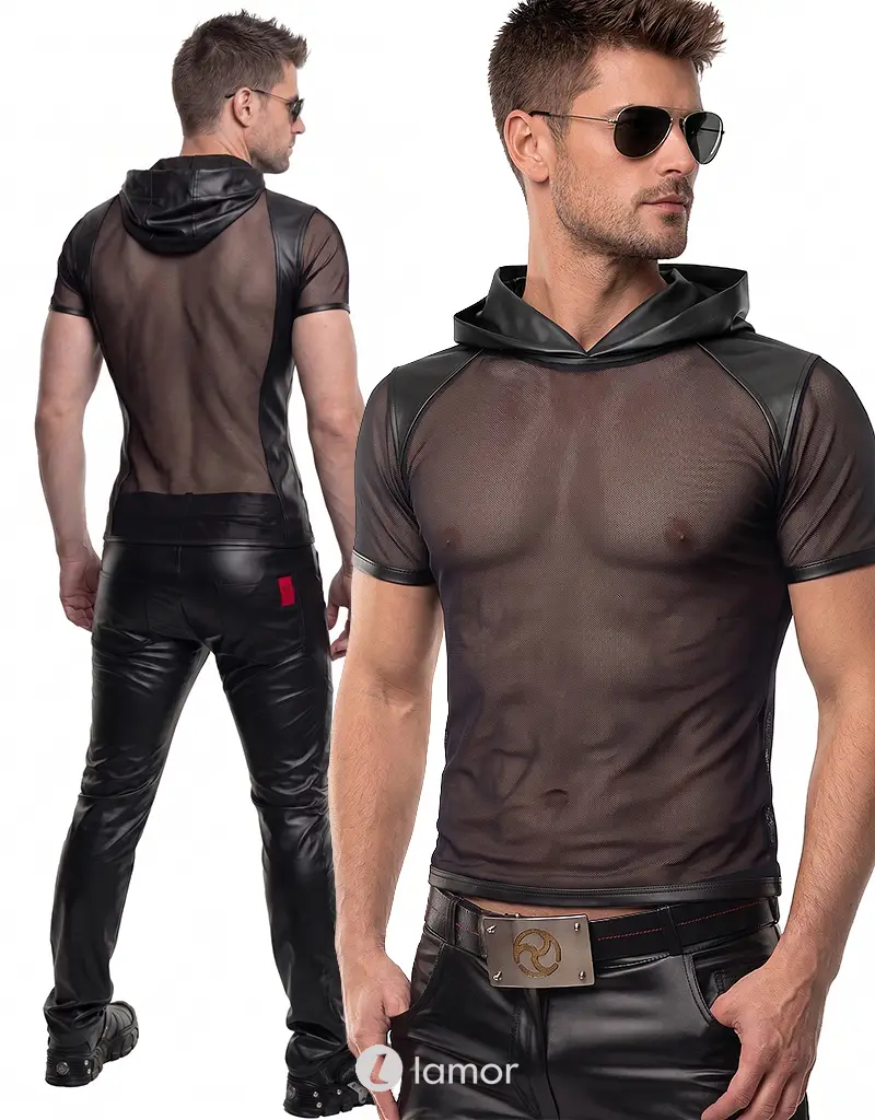 Heren mesh T-shirt met capuchon zwart, ADGuido001