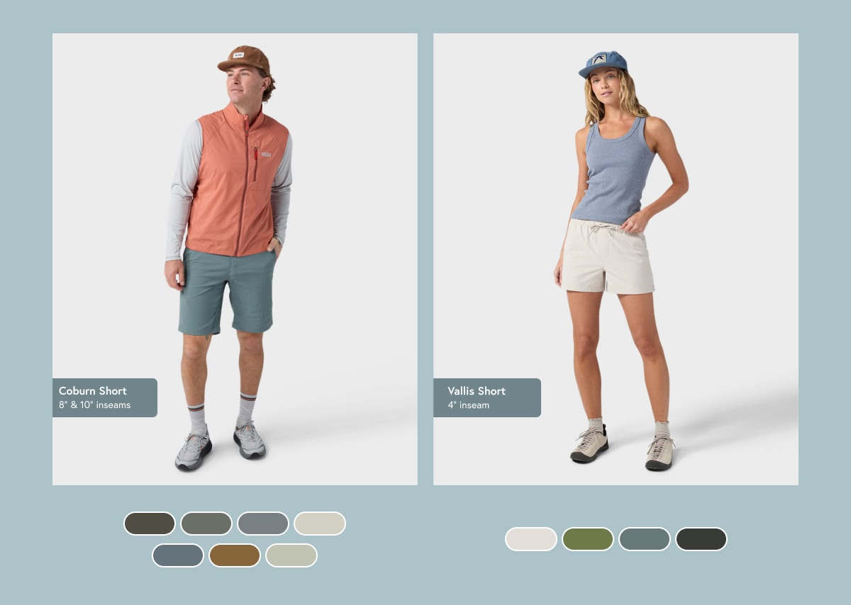 For the everyday motion. Men's Coburn Short and Women's Vallis Short.