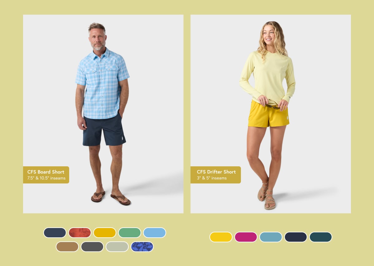 For mountain beach days. Men's CFS Board Short and Women's CFS Drifter Short