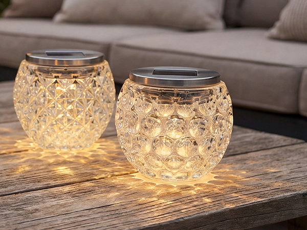 Solar Tischleuchte, 2er-Pack, transparent, runde Form mit geprägtem Muster, Vorderansicht