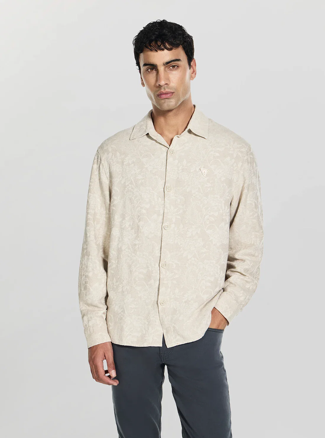 Image of Taupe Flower All Over Jacquard Overshirt