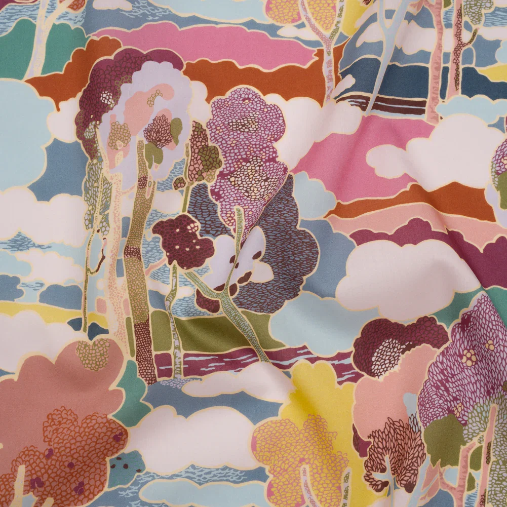 Image of Liberty Fabrics Tana Lawn® - Prospect Road Multi Pastel - Pink, Blue and Green Tree Filled Landscape