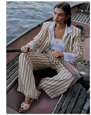 Beige Striped Oversized Open Linen Blazer
