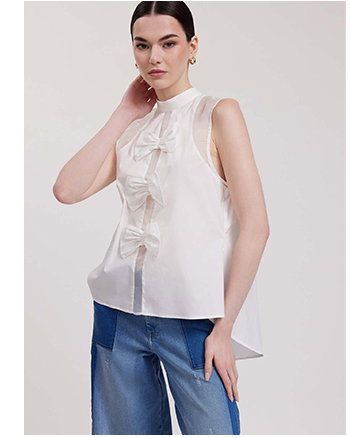 White Poplin & Mesh Sleeveless Mock Neck Blouse With 3 Center Front Bows