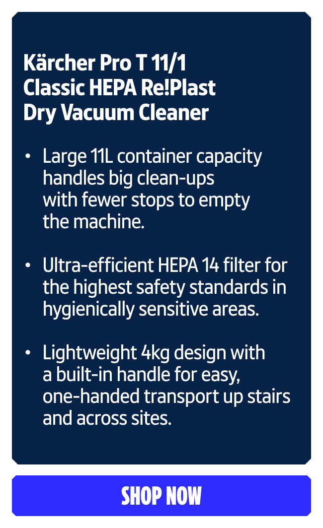 Kärcher Pro T 11/1 Classic HEPA Re!Plast Dry Vacuum Cleaner. 11 litre container capacity, making light work of tough tasks, Ultra-efficient HEPA 14 filter for the highest safety standards in hygienically sensitive areas,  and ow 4kg weight allows for one-handed transport over ledges and steps. Shop now