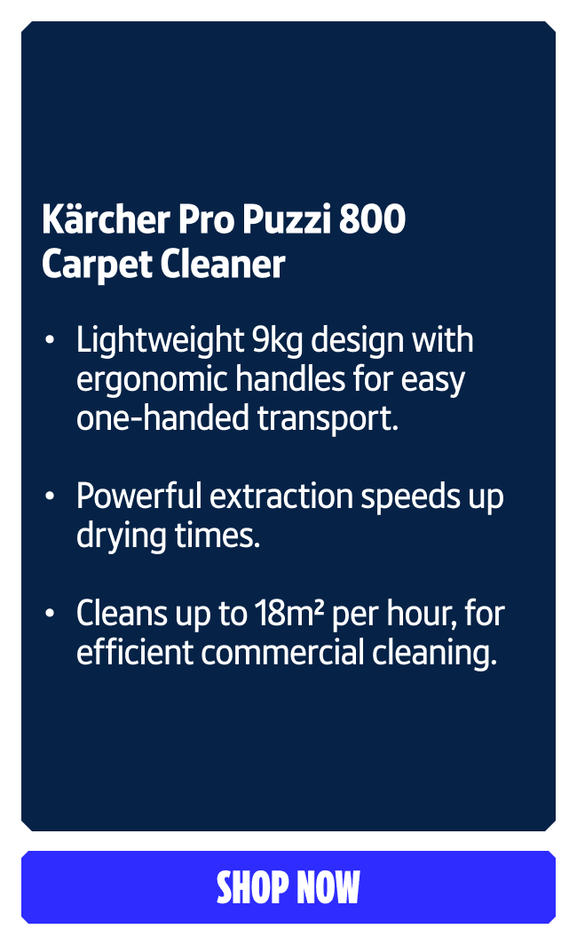 Kärcher Pro Puzzi 800 Carpet Cleaner. Lightweight 9kg design with large handles for easy one-handed transport, 61 l/s airflow rate leaves surfaces virtually dry within minutes, and overs 20-25m² per hour for efficient commercial cleaning. Shop now.