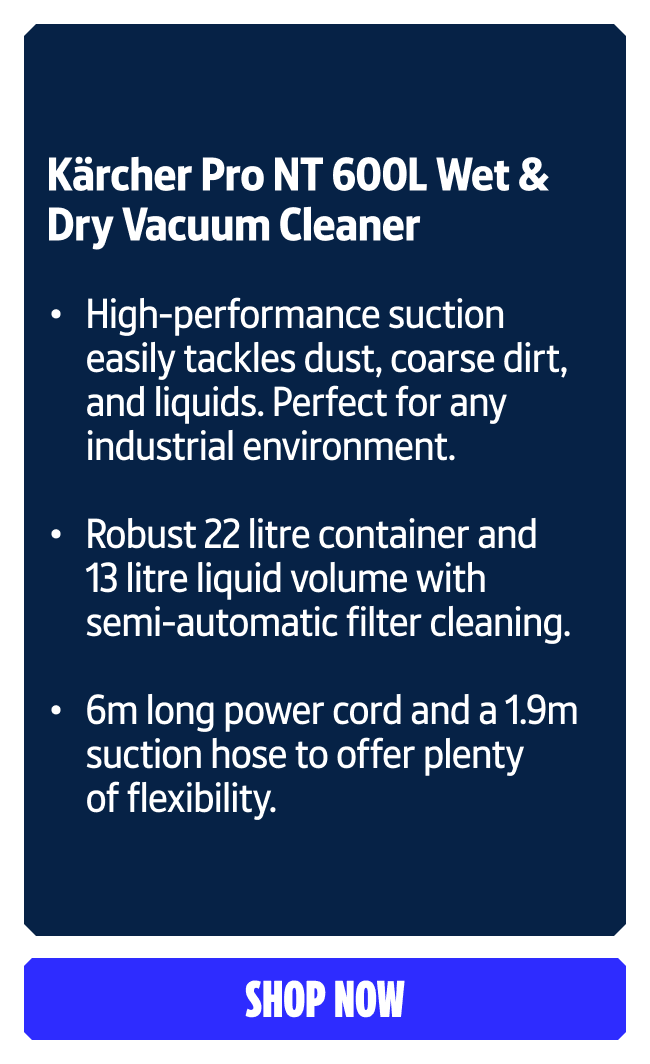 Kärcher Pro NT 600L Wet & Dry Vacuum Cleaner. 1300W power and 249mbar negative pressure for effective vacuuming, Robust 22 litre container and 13 litre liquid volume with semi-automatic filter cleaning, and 6m long power cord and a 1.9m suction hose to offer plenty of flexibility. Shop now
