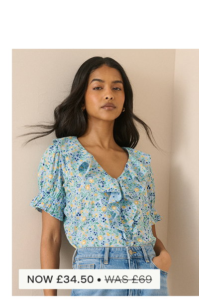 Blue Floral Ruffle Trim Top