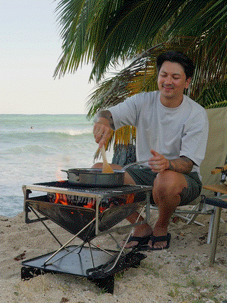GIF: Philip Lemoine cooking by the beach using Hestan cookware