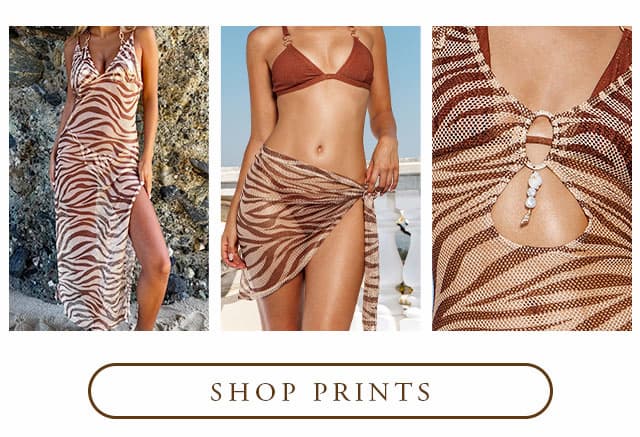 Collage of models wearing tiger print cover ups and bikinis. Shop prints. 