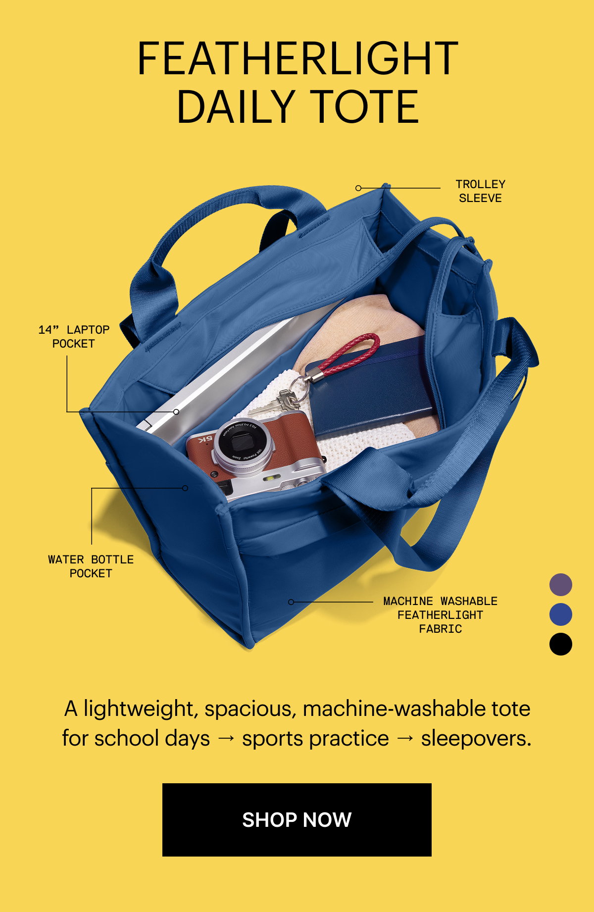 Featherlight Daily Tote | A lightweight, spacious, machine-washable tote for school days -> sports practice -> sleepovers.