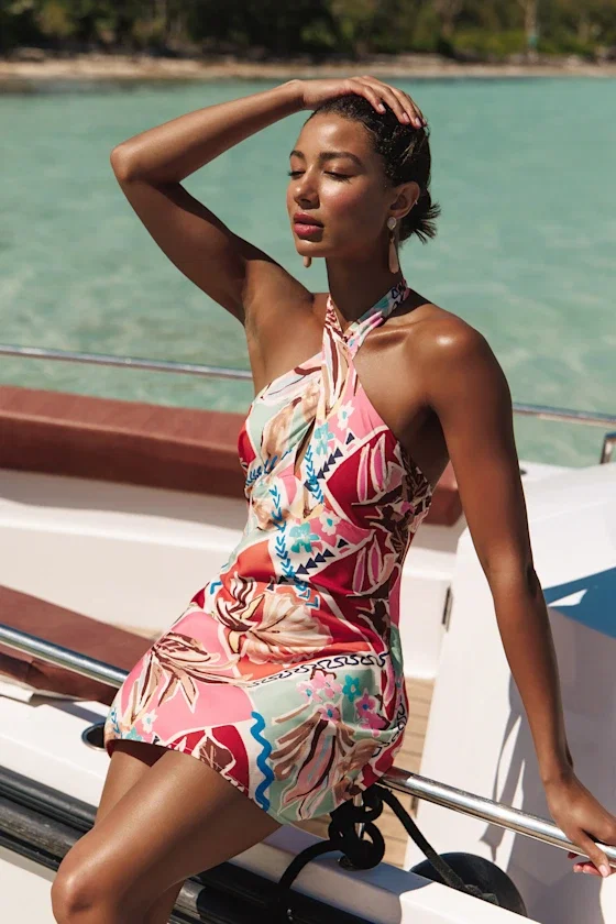 Image of Raluca Multi Tropical Print Halter Mini Dress