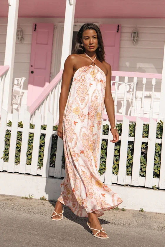 Image of Nikoletta Coral Pink Paisley Print Halter Maxi Dress