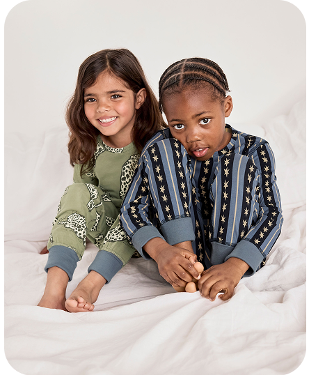 Kids Two Pack Organic Cotton Star Stripe / Lino Cut Leopard Print - Khaki Long Pyjama Set