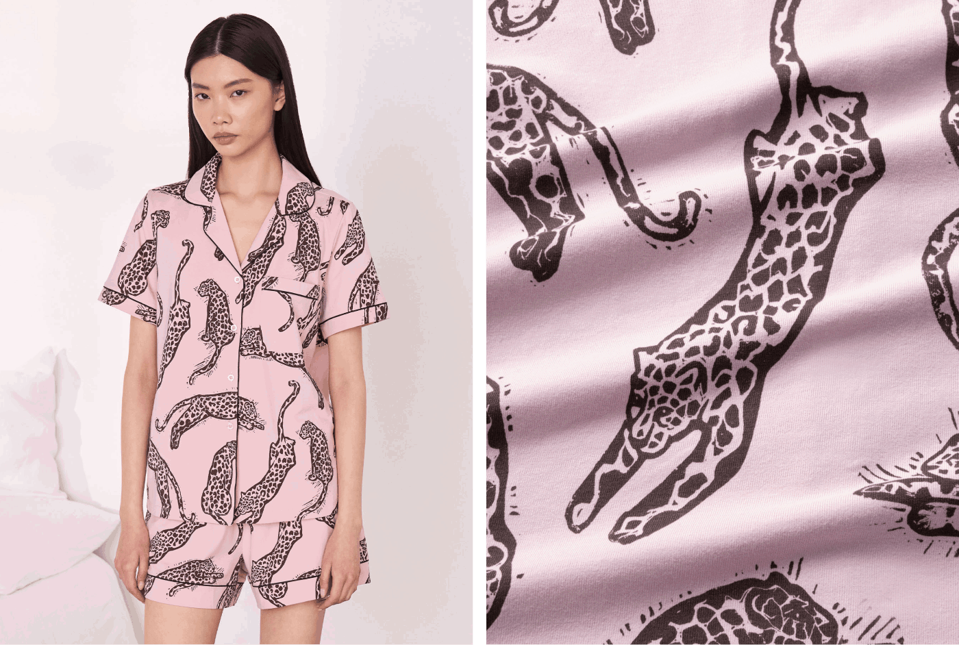 Organic Cotton Lino Cut Leopard Print Short Pyjama Set - Pink