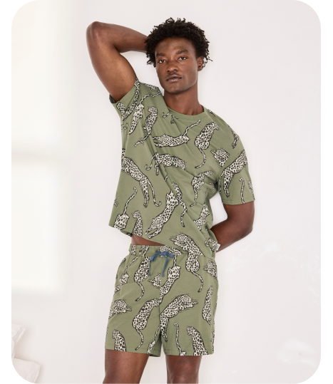 Men's Organic Cotton Lino Cut Leopard Print Short Pyjama Set - Khaki