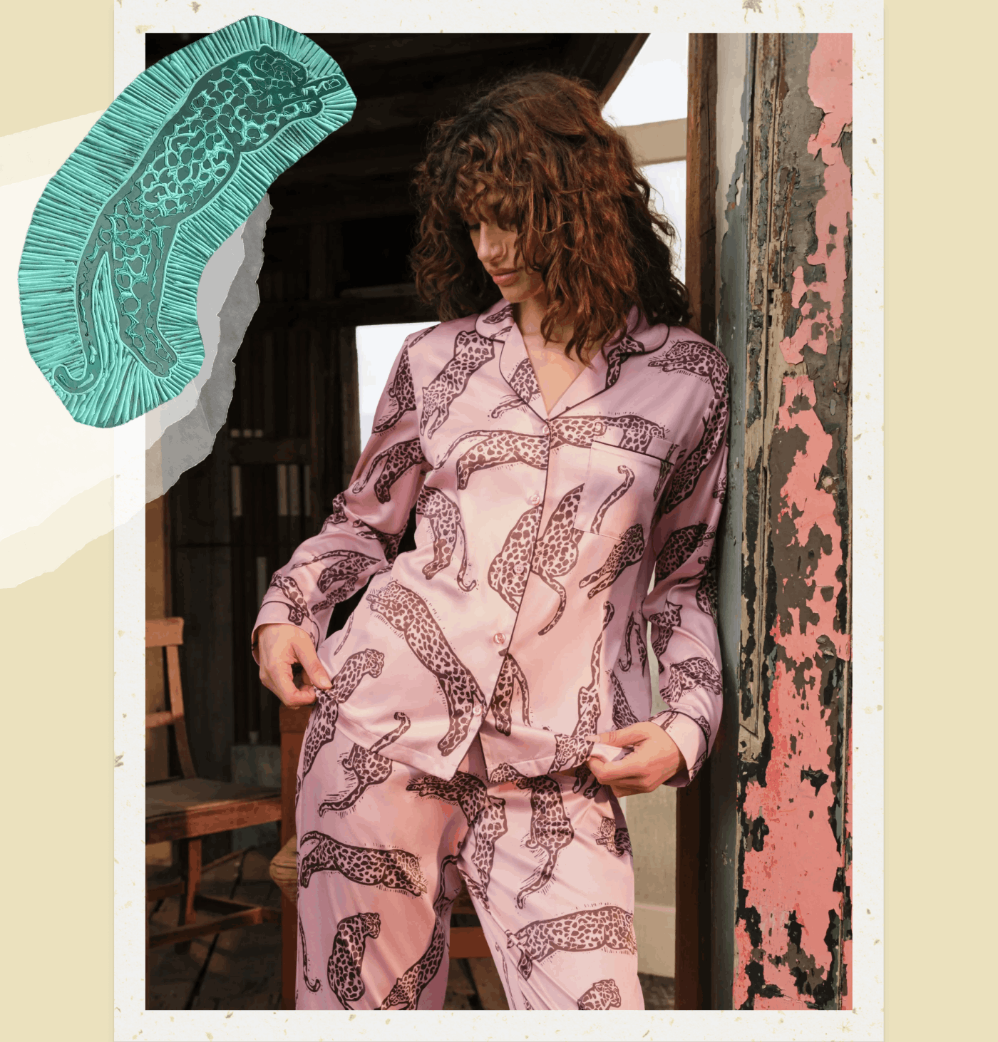 Satin Lino Cut Leopard Print Long Pyjama Set - Pink