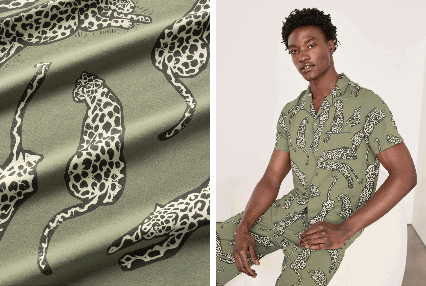 Men's Organic Cotton Lino Cut Leopard Print Long Pyjama Set - Khaki