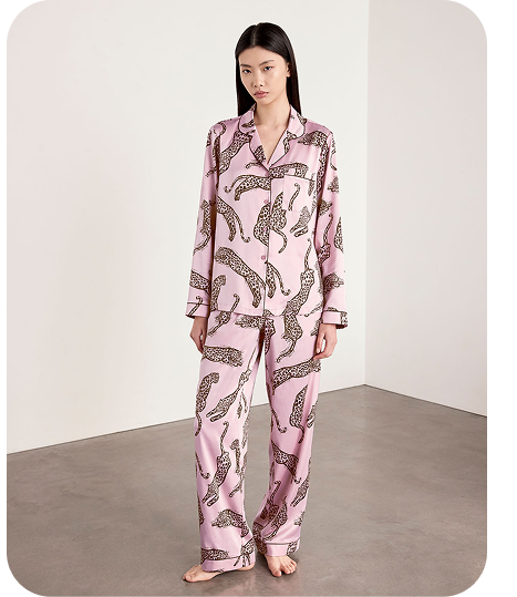 Satin Lino Cut Leopard Print Long Pyjama Set - Pink