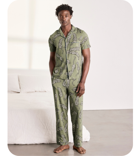 Men's Organic Cotton Lino Cut Leopard Print Long Pyjama Set - Khaki