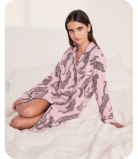 Organic Cotton Lino Cut Leopard Print Nightshirt - Pink