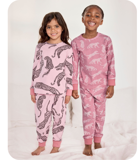 Kids Two Pack Organic Cotton Lino Cut Leopard Print - Pink / Linear Leopard Stripe Print Long Pyjama Set