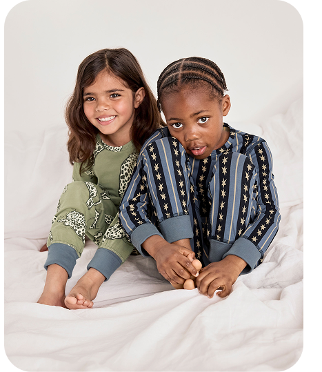 Kids Two Pack Organic Cotton Star Stripe / Lino Cut Leopard Print - Khaki Long Pyjama Set