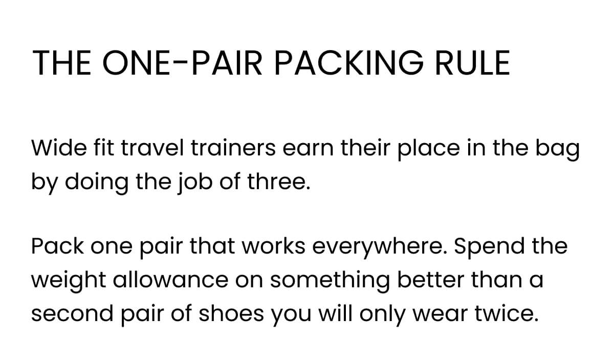 THE ONE-PAIR PACKING RULE Wide fit travel trainers earn their place in the bag by doing the job of three. Pack one pair that works everywhere. Spend the weight allowance on something better than a second pair of shoes you will only wear twice.