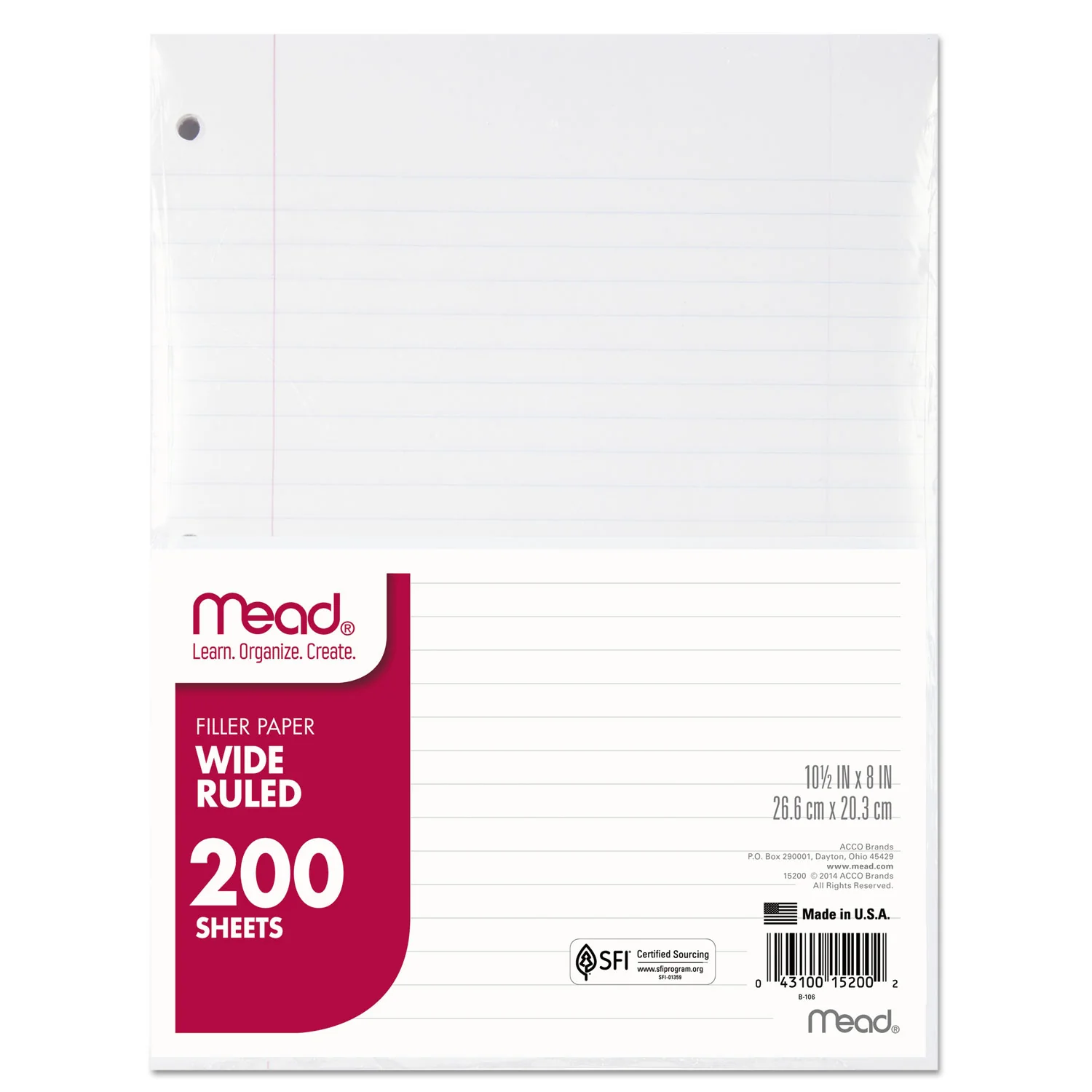 Image of Mead® Filler Paper, 3-Hole, 8 x 10.5, Wide/Legal Rule, 200/Pack (MEA15200)