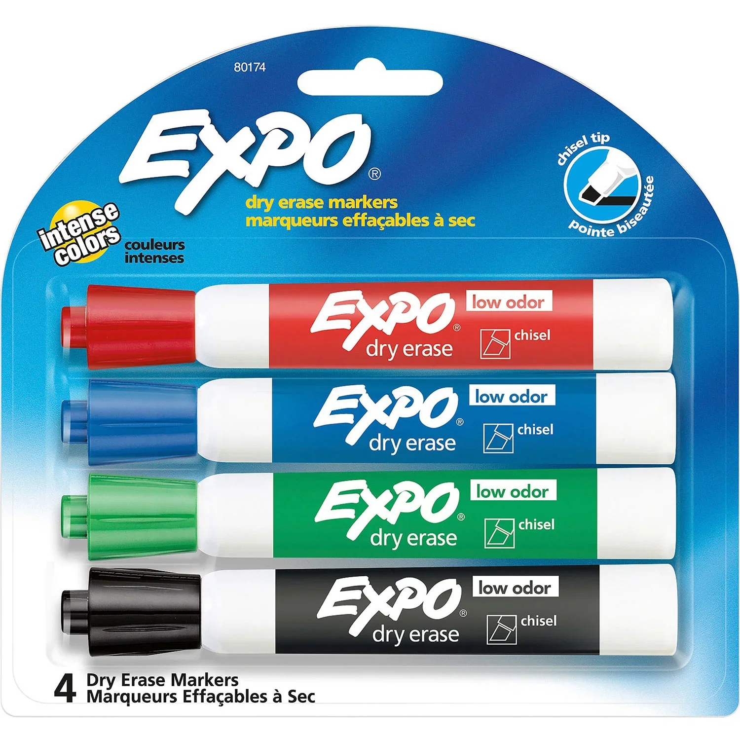 Image of Expo® Low Odor Markers - Chisel Marker Point Style - Green, Red, Blue, Black (SAN80174ST)