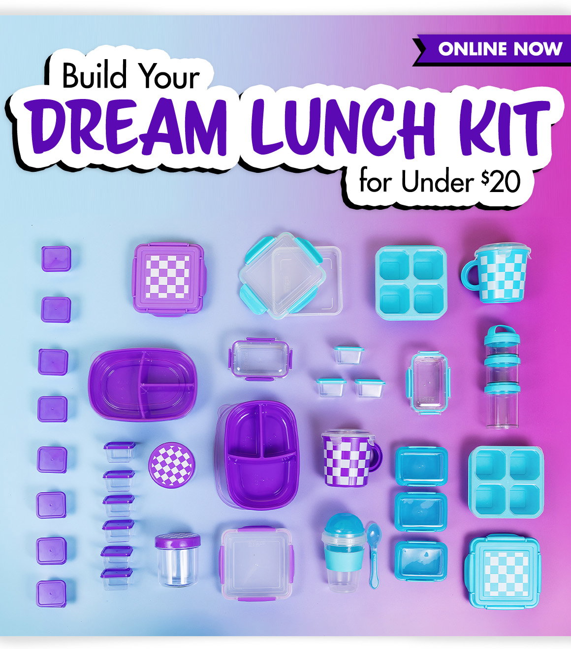 Build Your Dream Lunch Kit for Under $20. Image of a variety of food storage containers with blue or purple accents on a blue-and-purple background.