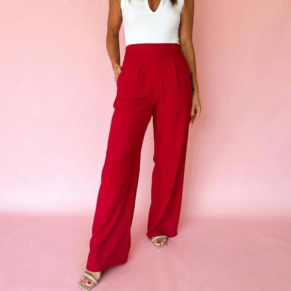 Pull On Pleated Detail High Elastic Waist Loose Straight Pants with Pockets | S- XL