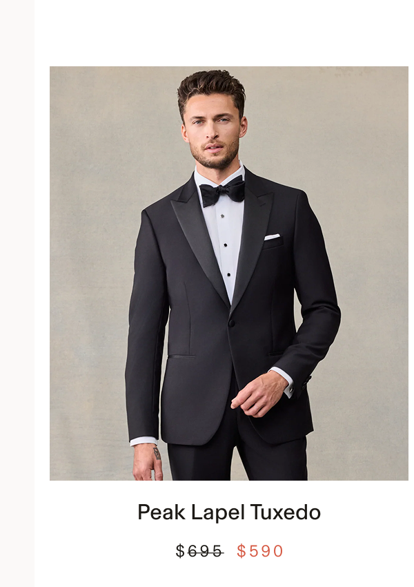 Man wearing a black peak lapel tuxedo with black bow tie, white shirt with black buttons, and white pocket square. Text below the photo: "Peak Lapel Tuxedo BUY $590"