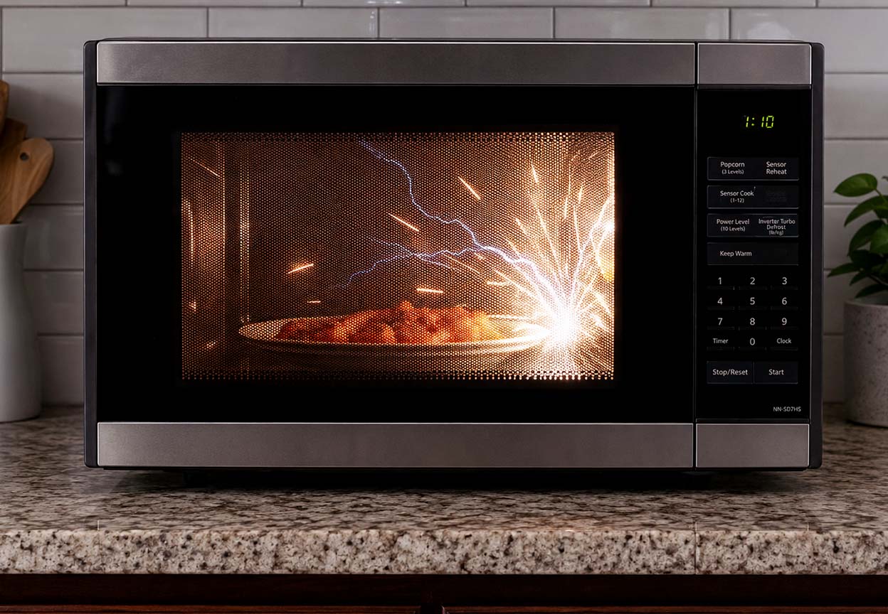 Sparks flash inside a countertop microwave while food heats on a plate