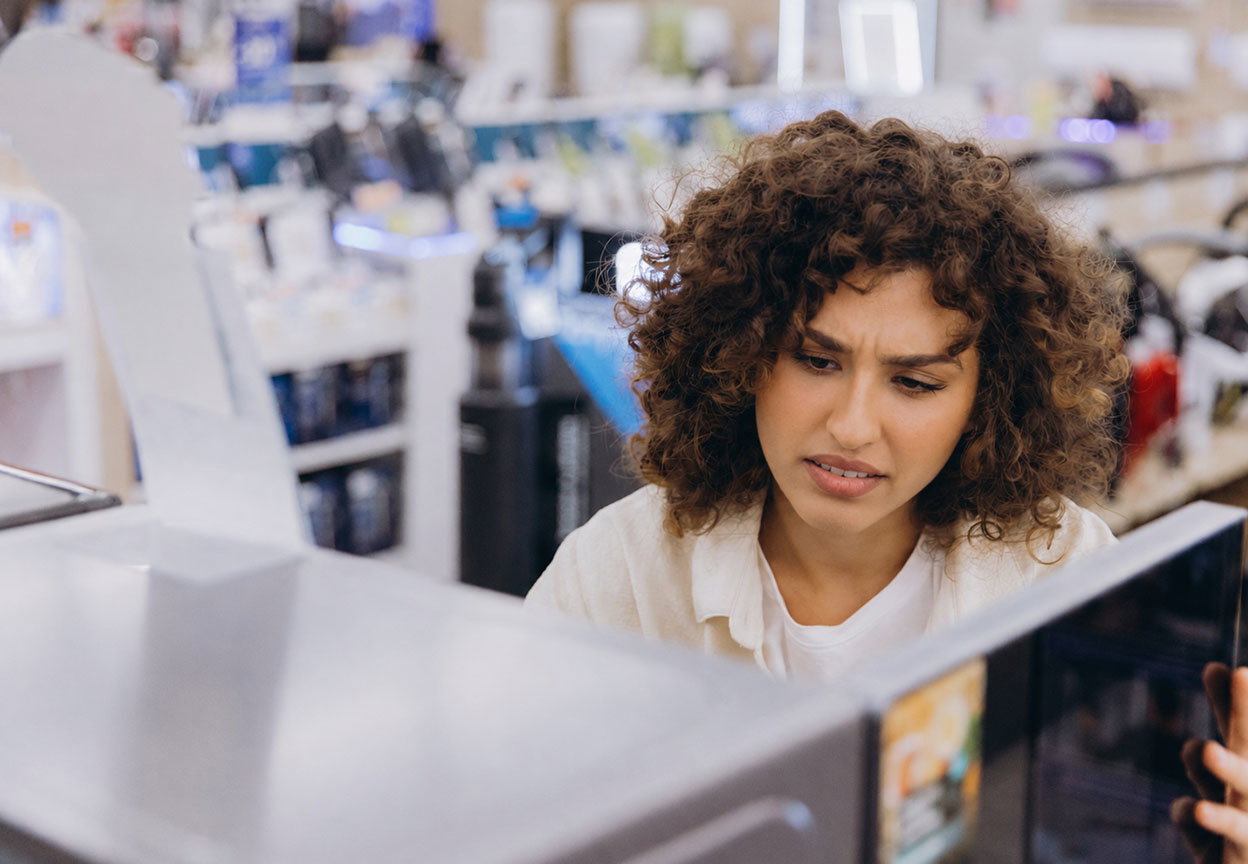 A woman examines an open microwave while shopping for a new appliance