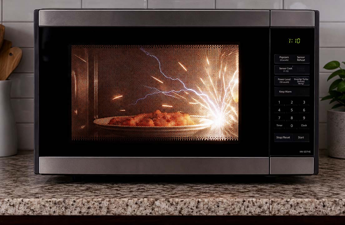 Sparks flash inside a countertop microwave while food heats on a plate