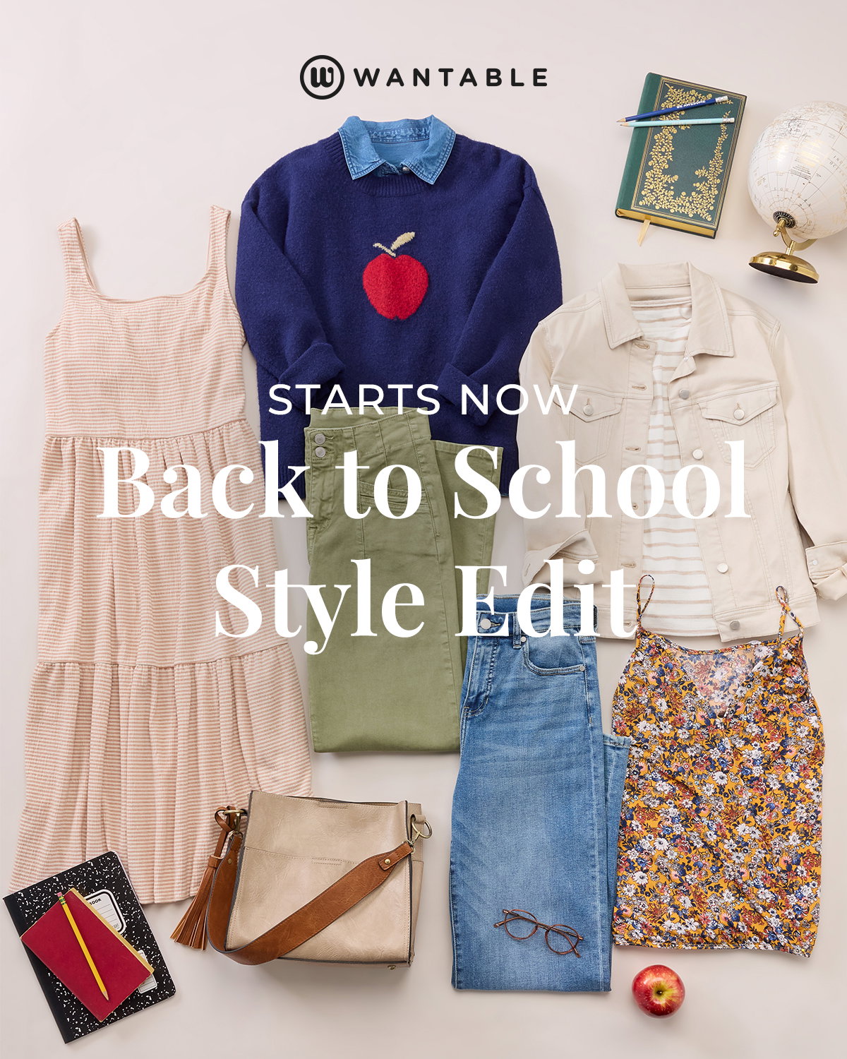 Flat lay of school outfits, notebook, globe, purse, glasses, and an apple.