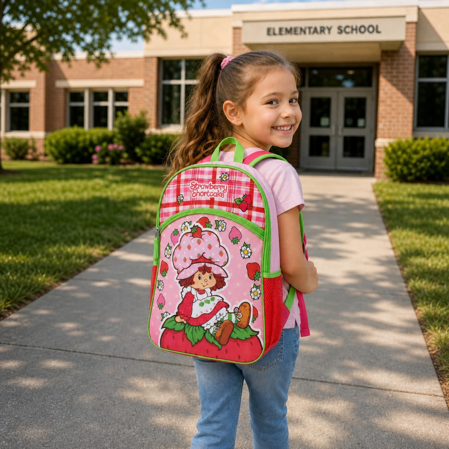 Girl wearing strawberry shortcake backpack 