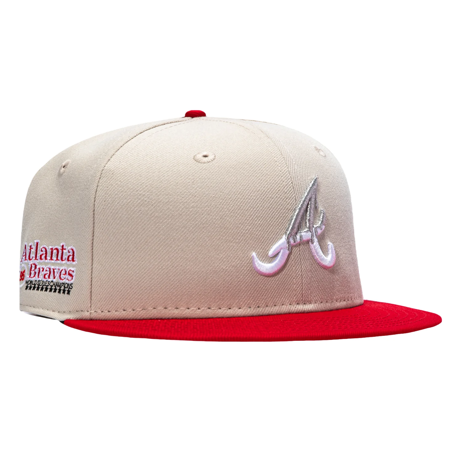 Image of New Era 59Fifty Highball Atlanta Braves 1995 World Series Champions Patch Hat - Stone, Red