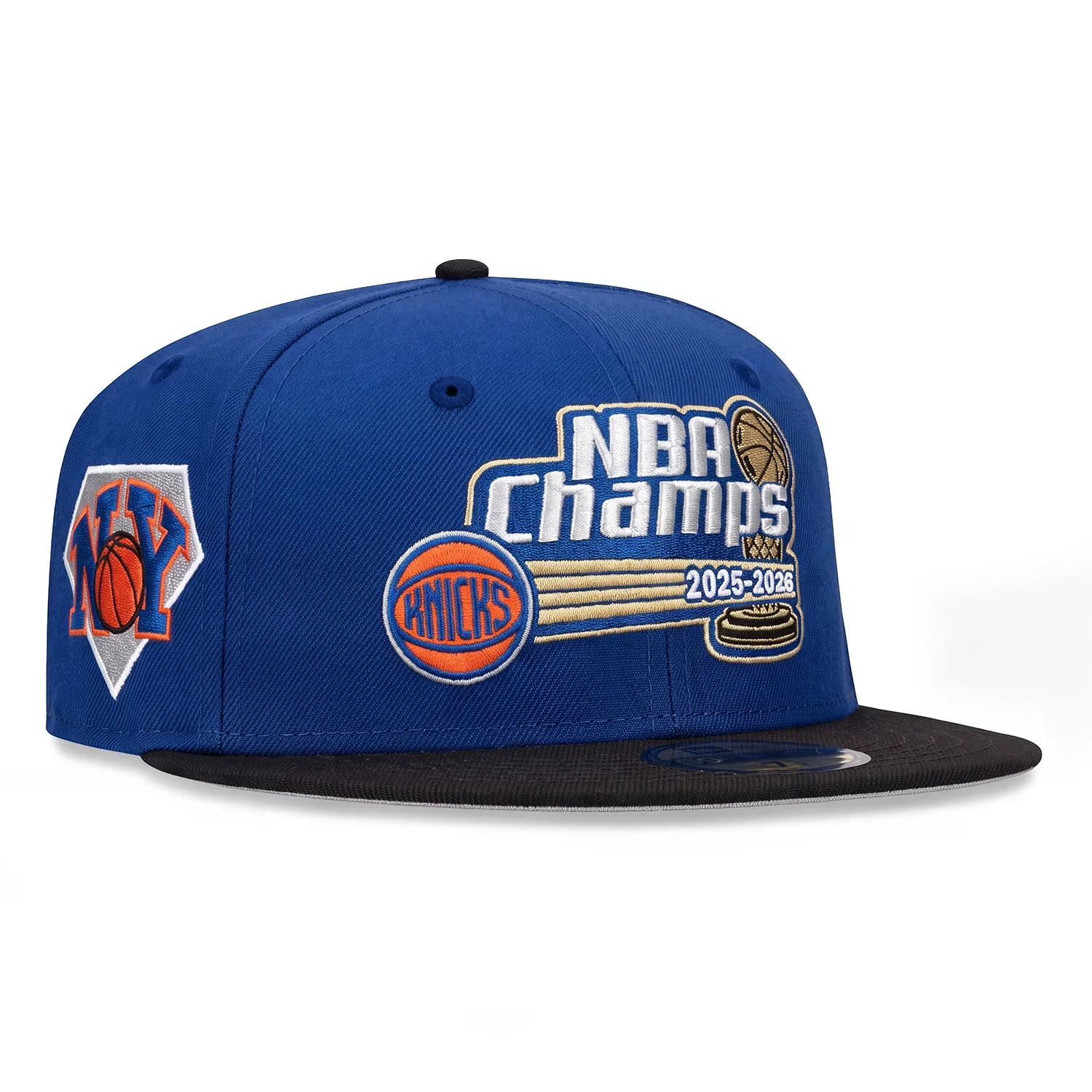 Image of Pre-Order New Era 59Fifty New York Knicks NY Ball Logo Patch 2026 NBA Champions Ball Logo Hat - Royal, Black