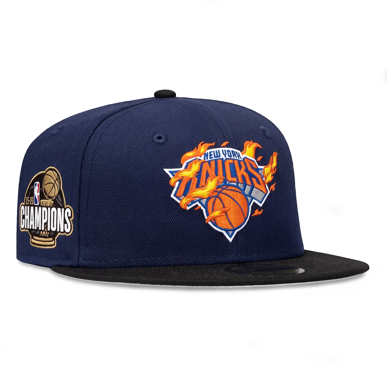 Image of Pre-Order New Era 59Fifty New York Knicks 2026 NBA Champions Patch Flame Hat - Navy, Black