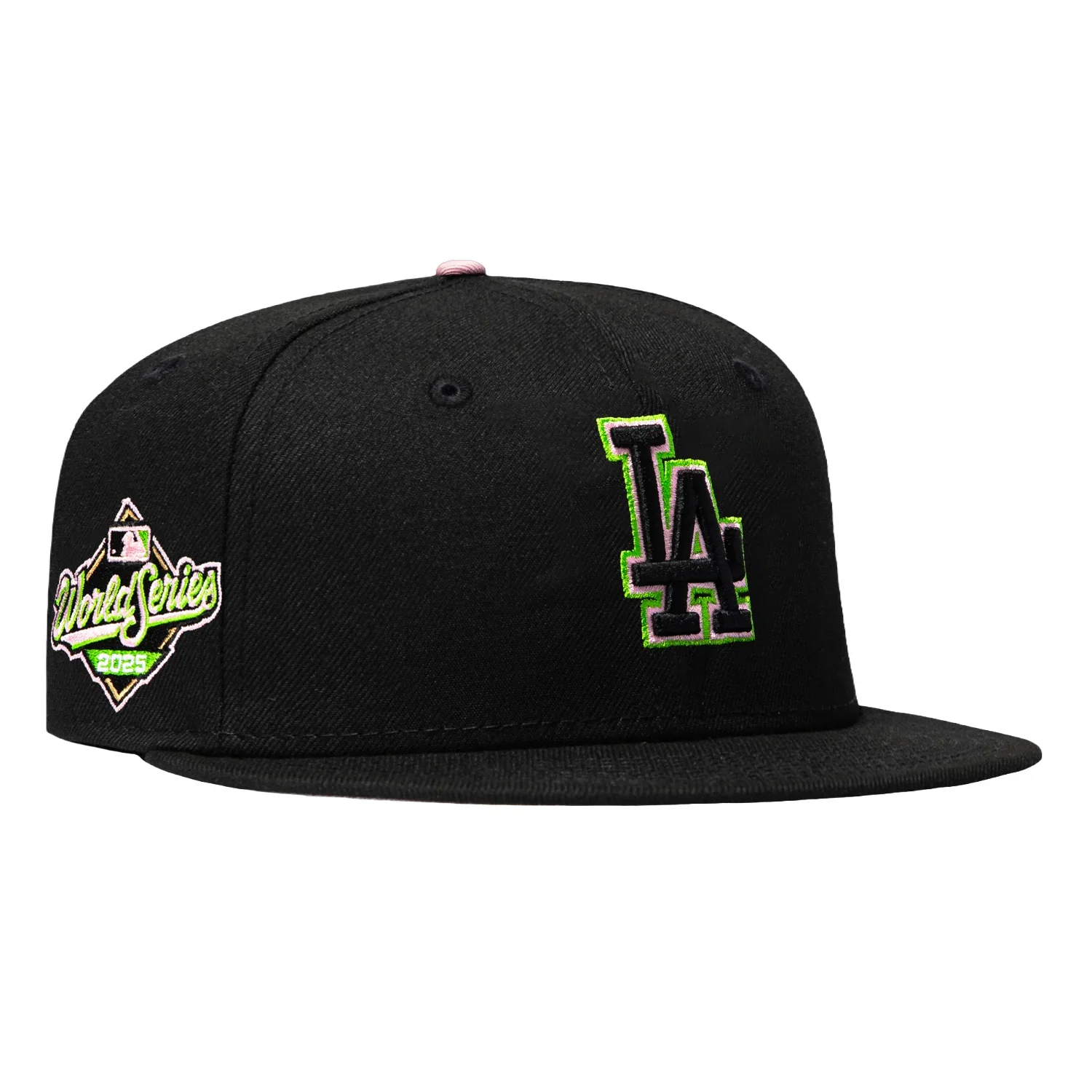 Image of New Era 59Fifty Blake Snell Los Angeles Dodgers 2025 World Series Patch Pink UV Hat - Black, Pink, Light Green