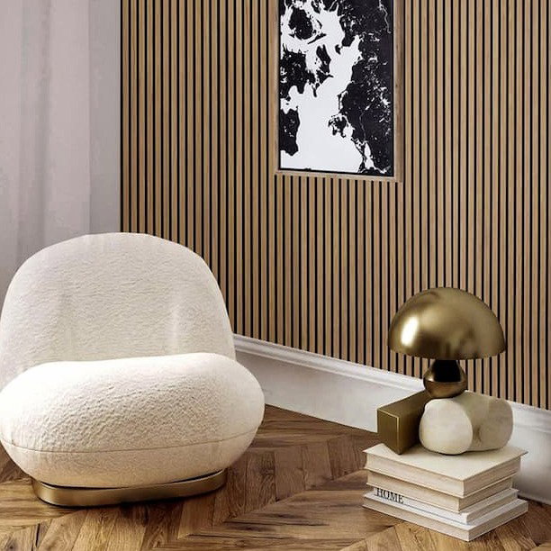 living room with oak acoustic wall panels from Barron Designs