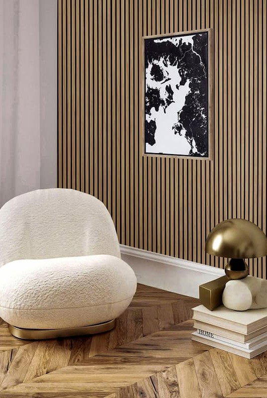 living room with oak acoustic wall panels from Barron Designs