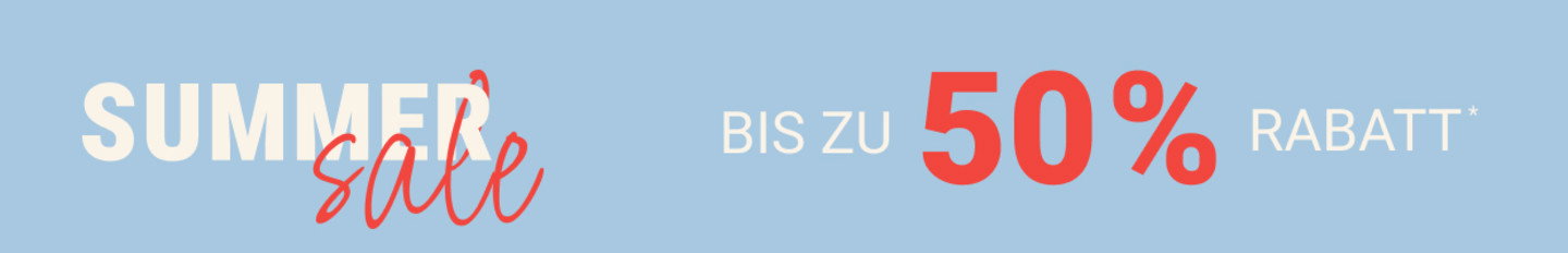 Blauer Banner mit dem Text "Summer Sale, bis zu 50% Rabatt".
