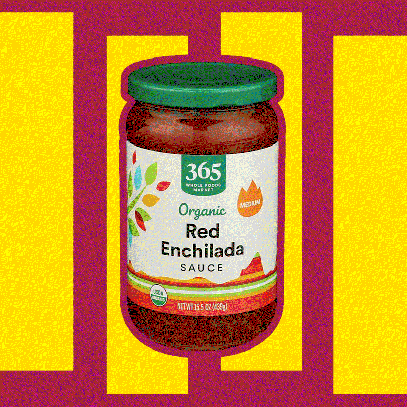 Animated image of Whole Foods Organic Red Enchilada sauce with moving squares in the background