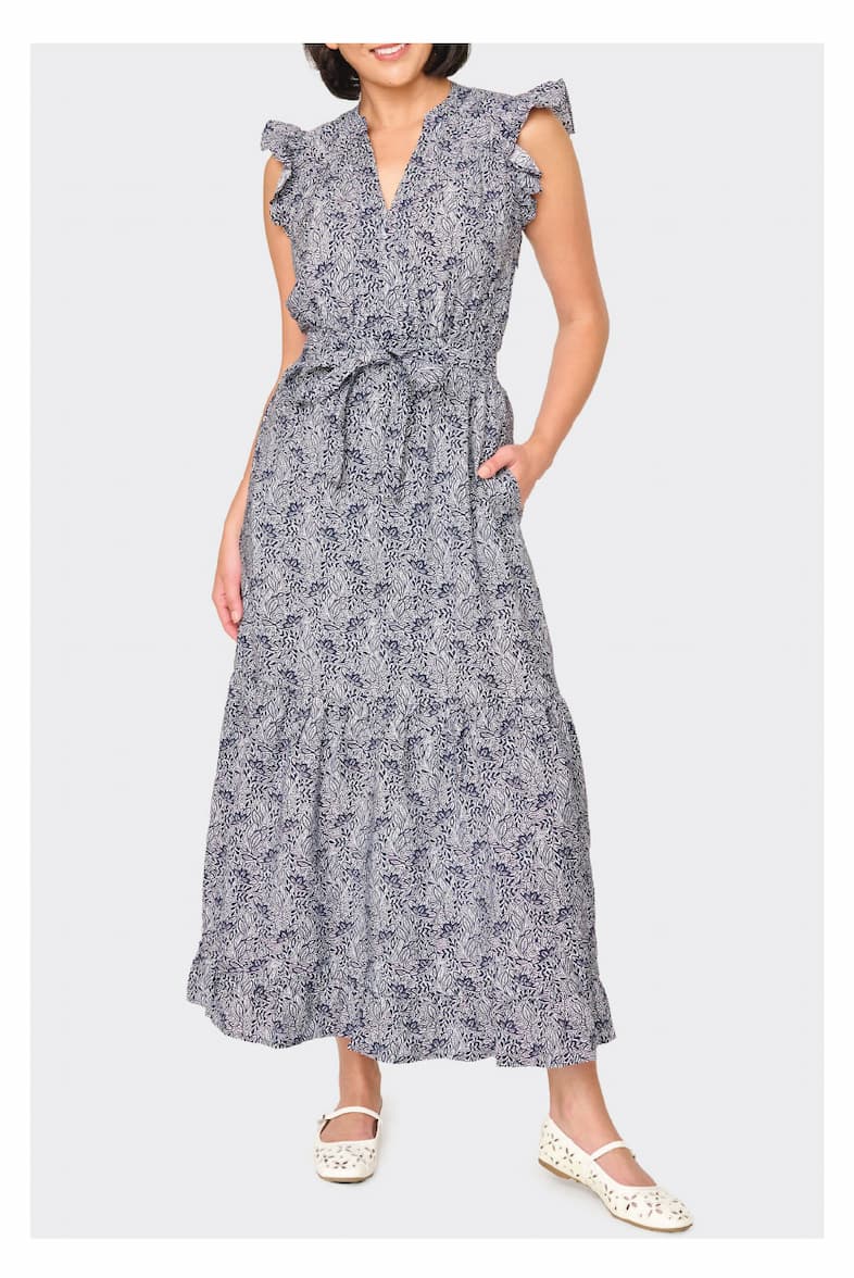 Notch Neck Flutter Sleeve Maxi Dress