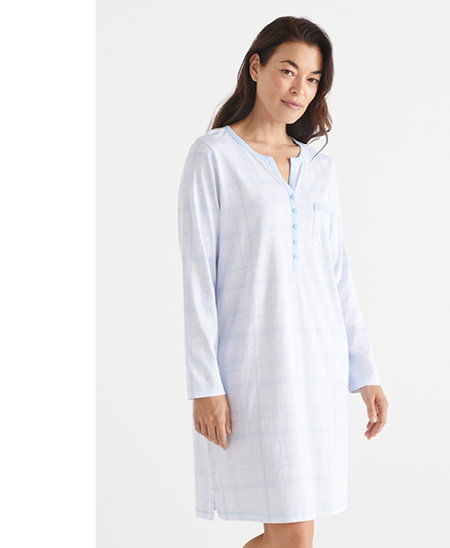 Check Print Long Sleeve Nightie