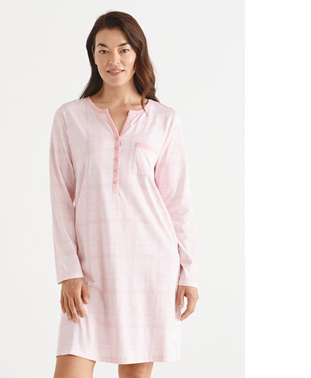 Check Print Long Sleeve Nightie