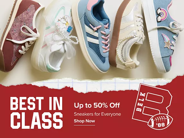 Best in class. Up to 50% off. Sneakers for everyone. Shop now. Assorted sneakers.